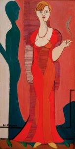 Mujer rubia en vestido rojo. Retrato de Elisabeth Hembus